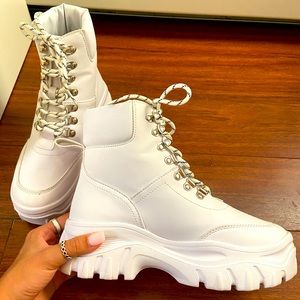 White faux leather lace up boots